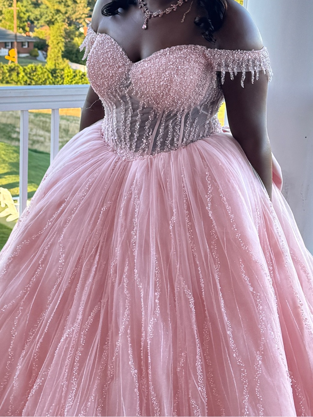 Pink Beaded Off-Shoulder Ball Gown